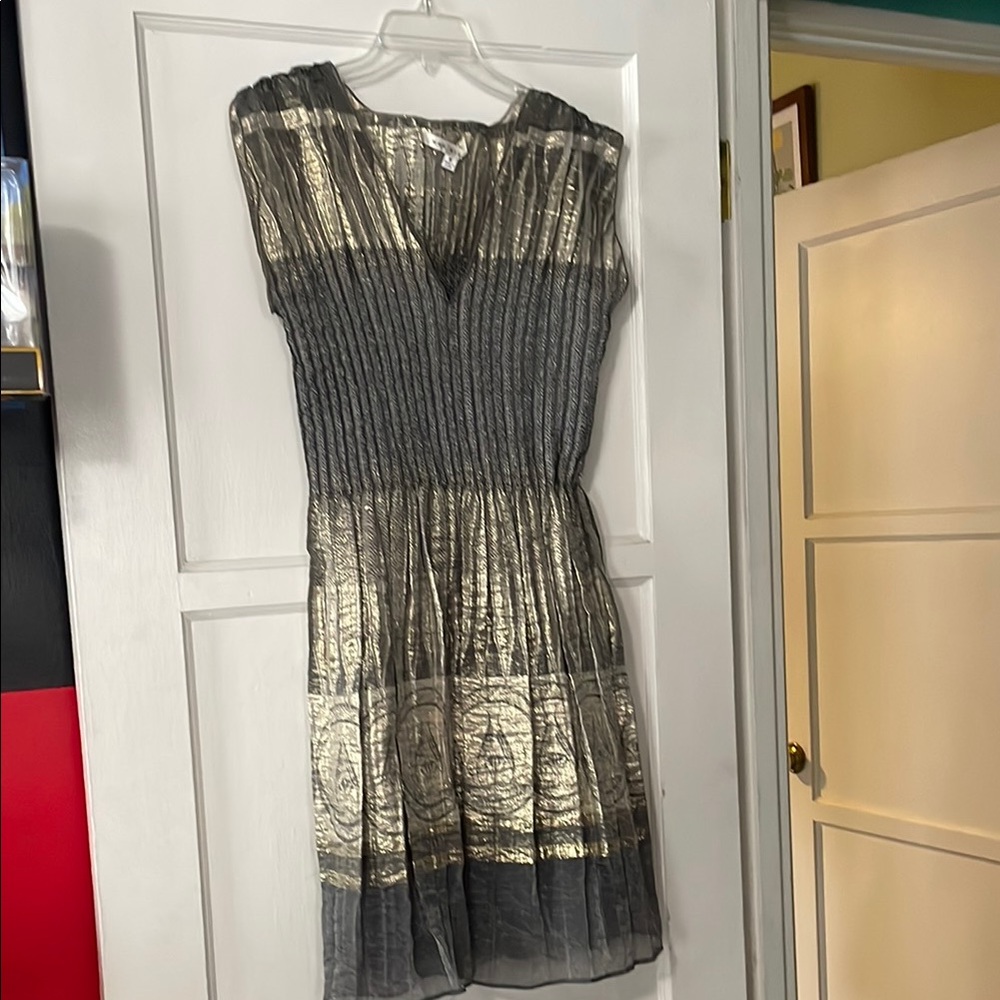 Max Studio Gray and Gold Sleeveless V-Neck Mini Sundress